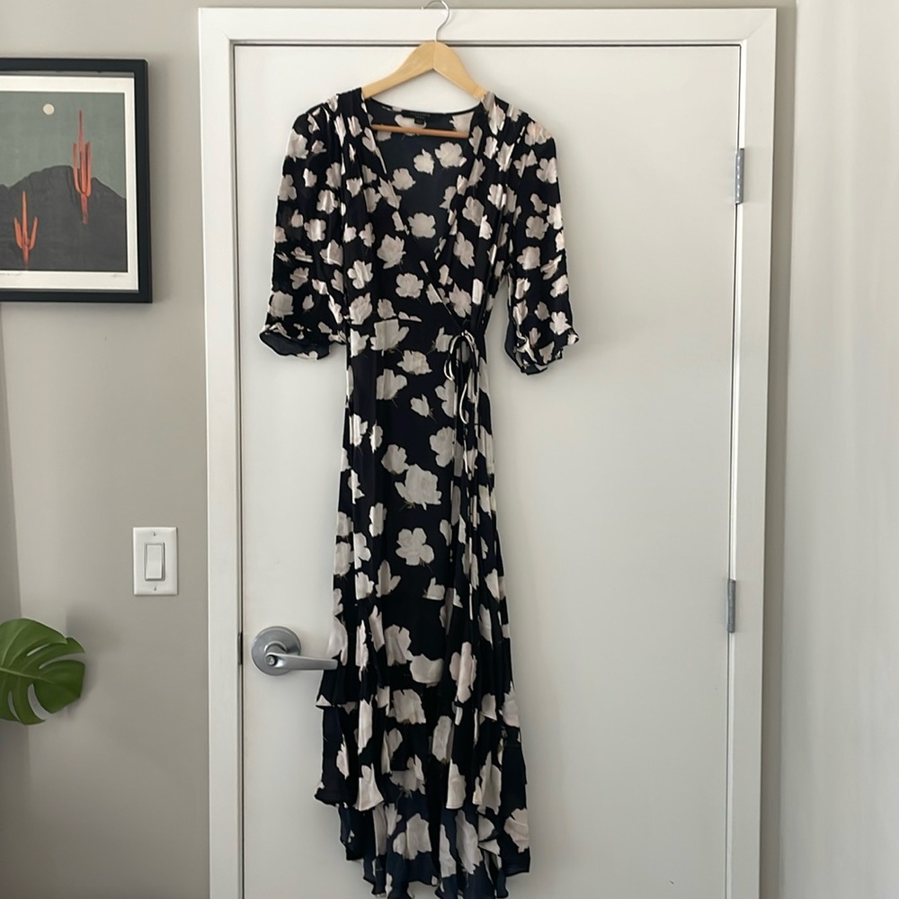 AllSaints floral wrap dress.